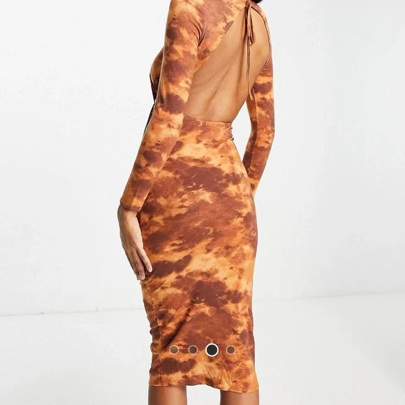 ASOS Design long sleeve front knot open back midi dress in brown tie dye print-Multi